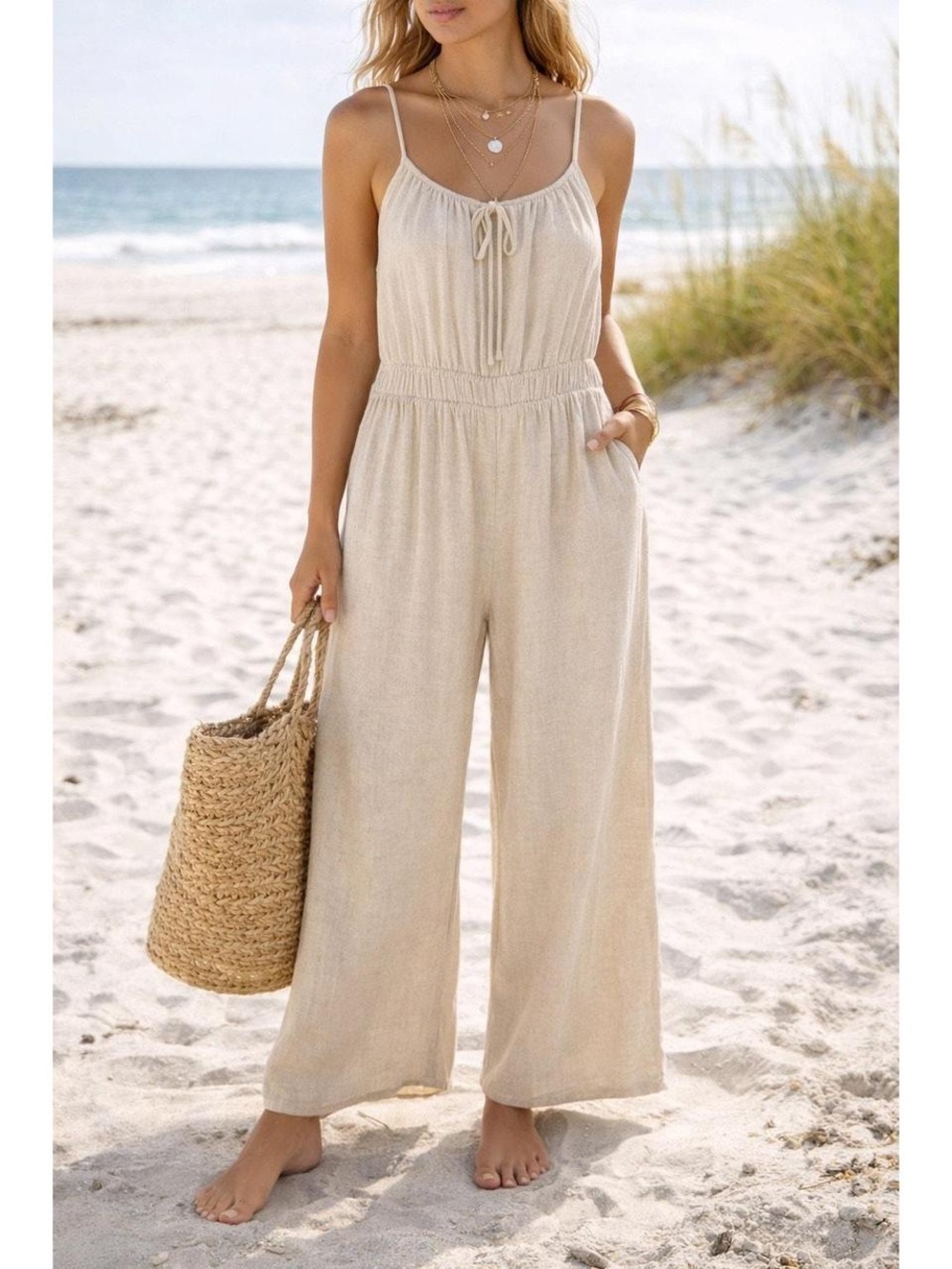 Monteau Women's Beige linen-blend jumpsuit size Small